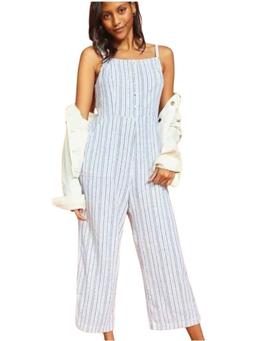 Old Navy Blue Striped Linen Blend Button Detail Cami Jumpsuit Size Small